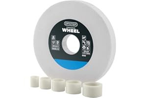 Draper Meule d'établi en oxyde d'aluminium 150 x 20 mm | Aiguiseur d'outils HSS grain 80 | 5 anneaux de réduction | Coupe à sec | Alésage de 31,75 mm | 99569