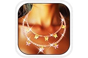 Unicra - Collana a strati con ciondolo a forma di farfalla, con cristalli rosa, alla moda, per donne e ragazze