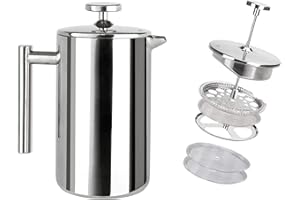 Has & Fas French Press Stainless Steel 304 for 1-2 or smaller 3 Cups, Cafetiere 350ml, Mini Coffee Maker for Hot Chocolate Moka Tea pots, Cold Brew Maker, Portable Travel Cafeteria Classic, Grey