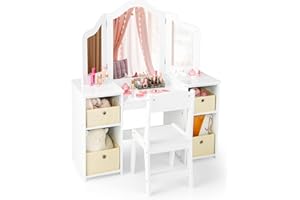 RELAX4LIFE Toeletta per Bambini con Specchio, Specchiera per Ragazzi in Legno Robusto, Tavolo da Trucco con Ampio Spazio di Stoccaggio (Toeletta + Sgabello + Cassetti, Bianco)
