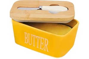 CHASE CHIC Butter Dish with Lid, Chasechic Ceramic Butter Keeper with Cover and Knife, 500ML Airtight Large Porcelain Butter Container Yellow