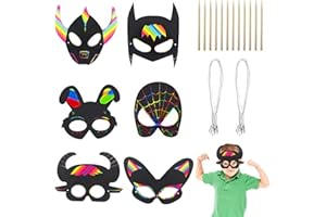 WACH AUF 24 Pcs Masque a Gratter Enfant, Masques à Gratter Animaux pour Enfants et Masques de Super-héros à Gratter Scratch Art Papier avec 24 Cord élasticité et 12 Stylet en Bois
