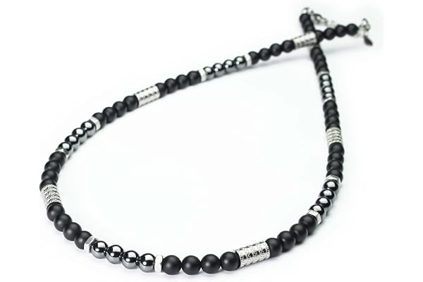 Collier Chic Homme perles Ø 6mm pierre naturelle Agate noir Hématite métal INOX Style antique tibétain Fait main en France COLLIFAN11 (45-50cm expédié Amazon)
