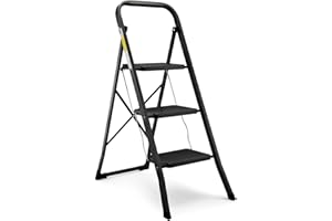 HBTower 3 Step Folding Ladder with Non-Slip Pedal, 20 cm Wide Steps, 150 kg Capacity, Perfect for Kitchen and Household, Black