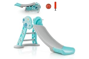 DREAMADE Toboggan Multifonctionnel 3 en 1 pour Enfants avec Panier de Basketball & Petit Ballon, Toboggan Pliable pour Enfants18-48 Mois avec Zone Tampon de Sécurité, Utilisation Intérieure (Bleu)