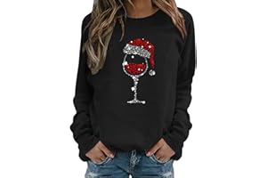 KILOXYEFRO Weihnachtspullover Damen Lustig Rotwein Glas Druck Sweatshirt Oversized Rundhals Langarm Ugly Weihnachten Pullover Christmas Oberteile Frauen Xmas Pulli Tops