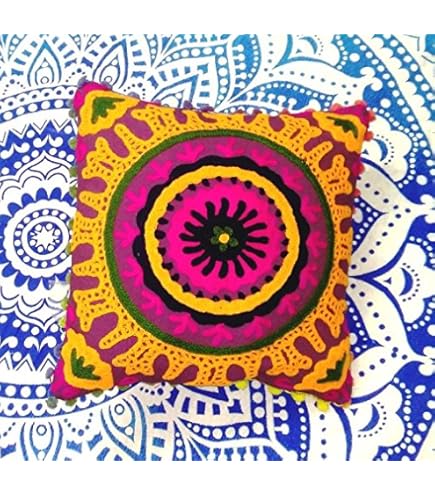 Tradizionale Jaipur Boho Throw Suzani Federa, Cuscino Ricamato Copre 40,6 cm x16, Federa Cuscino Decorativa, Indiano Pom Pom Cuscino da Esterni, Boho copricuscini