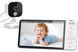 GHB 5-Inch Baby Monitor with Camera and Night Vision, IPS Screen, 2-Way Audio, Temperature Sensor, Digital Zoom, Lullabies, Feeding Reminder, VOX Mode