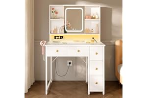 ODK Dressing Table with Adjustable LED Mirror & Built-in USB Power Outlets & RGB Light Strip, Vanity Desk with 5 Fabric Drawers & 3-Layer Shelves, White Makeup Desk 90×40×139cm