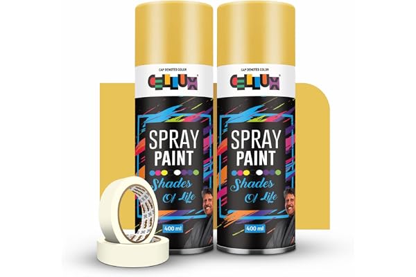 Cellux 2X Ultra Cover Sparkle Gold Spray Paint DIY, Quick Drying with Premium Gloss Finish for Metal, Wood, Wall & Other Surfaces - 400 ML - Pack of 2 with 2 Masking Tape Rolls