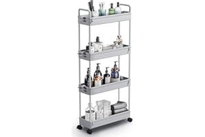SOLEJAZZ 4-Tier Storage Trolley Cart Slide-out Slim Rolling Utility Cart Mobile Storage Shelving Organizer for Kitchen, Bathroom, Laundry Room, Bedroom, Narrow Places, Plastic, Grey