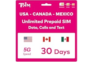 TSIM Prepaid USA SIM card for 30 days travel | Unlimited 4G/5G high-speed data in the USA + 5GB data in Canada and Mexico | Unlimited local calls + free incoming calls & SMS