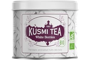 Kusmi Tea - White Berries - Thé Blanc Bio aux Fruits des Bois - Arômes 100% Naturels de Cassis, Fraise et Mûre - À Déguster Chaud ou en Thé Glacé - Boîte Thé Métal 90g pour environ 50 Tasses