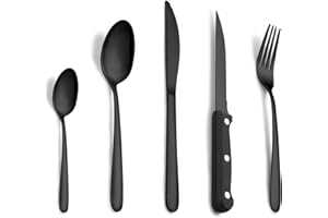 Posate, Pleafind posate da 30 pezzi, posate acciaio inox 6 persone per uso alimentare, set posate in nero con coltello, cucchiaio, forchetta, coltello da bistecca, lavabili in lavastoviglie