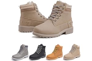 HITMARS Bottes Femme Bottines Plates Hiver Chaussure Chaudes Fourrure Bottines de Neige PU Cuir Botte Lacets Cheville Botte Randonnée Boots Noir Kaki Gris Rose 36-43 EU