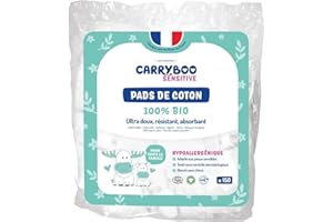 CARRYBOO - 150 Coton Pads Bébé 100% Bio - Ultra Doux pour Peaux Sensibles - Hypoallergénique - Change & Toilette - Fabriqués en France