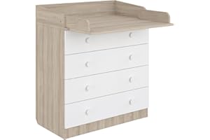 ‎SHEFA Shefa Kids Wickelkommode 800 Ulme-weiß - Praktischer Wickeltisch mit 4 Schubladen mit Wickelaufsatz