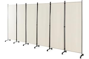 ‎GOPLUS GOPLUS 6-teiliger Stoffraumteiler mit Rollen, 172cm hohe Sichtschutz mit Metallrahmen, Paravent Trennwand für Wohnzimmer & Esszimmer (Weiß)