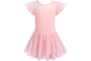 Arshiner Robe de Ballet en Maille Scintillante pour Filles Tenue de Ballet à Manches Courtes à Volants Justaucorps de Danse de Gymnastique avec Jupe en Mousseline