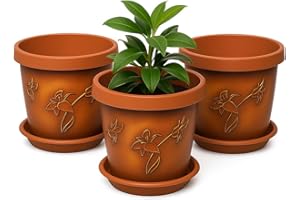 Home Garden Ornaments Plant Pots Indoor Outdoor Decorative Plastic Flower Pots with Saucer, Terracotta Flower Pattern – Set of 3, Indoor Plant Pot (17 cm / 6.7 inch)
