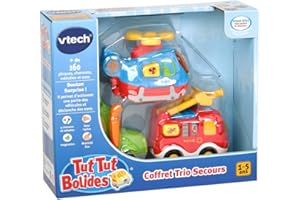 VTech - Tut Tut Bolides, Coffret Trio Secours, 3 Voitures Interactives, Camion de Pompiers, Tracteur et Hélicoptère, Jouet Musical et Sonore, Cadeau Enfant de 1 An à 5 Ans - Contenu en Français