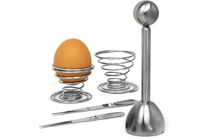 Joeji's Kitchen Toqueur à Œuf INOX Coupe Oeuf à La Coque et Separateur A Oeuf pour Cuisson Œuf à La Coque Dur Mollet, Inclut des Ustensiles De Cuisine en Cadeau - 2 Coquetiers et 2 Cuillères