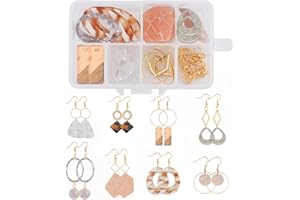 SUNNYCLUE 1 boîte Bricolage 8 Paires Kits Fabrication de Boucles d'oreilles 8 Anneau Ovale de Style Marbre Rond Triangle Rectangle Breloques en Résine de Cellulose Pendentifs et Anneaux de Liaison