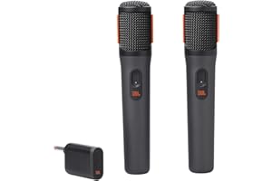 JBL Wireless Microphone, Set con 2 Microfoni Wireless e Ricevitore Wireless UHF a 2 Canali Ricaricabile Pattern Polare Cardioide, Compatibili con Diffusori JBL PartyBox , incluse Batterie AA, Nero
