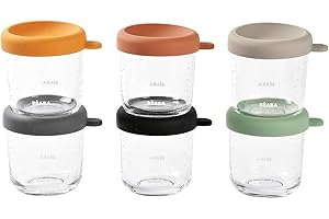 BÉABA, Zestaw 6 porcji szklanki do przechowywania posiłków dla niemowląt/ekstra wytrzymałe szkło, 100% hermetyczne, odporne na ciepło na zimno, zamrażanie, sterylizacja, stopniowanie, 250 ml, wschód