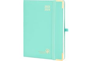 POPRUN Premium Agenda 2023 2024 Semainier 22x16,5cm - 17 Mois Agenda Scolaire D'août 2023 à déc 2024 - Couverture Rigide en Cuir PU, Onglets Mensuels, Papier Certifié FSC® 100 g/m², Vert Menthe