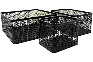 Box and beyond - Lot de 3 Paniers de Rangement - 32 x 32 x 14 cm - Métal Noir - Motif Cannage - Rangement, Déco - Cuisine, Séjour, Salle de bain, Salon, Chambre - Style Moderne et Chic