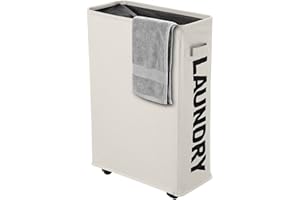 IHOMAGIC Cesto para la Colada Delgada sobre Rueda, Cesta de Lavandería Rectangular Práctica Plegable Colector de Ropa Sucia para el Hogar, Cocina, Dormitorio, Hotel, Viaje 35-40L, 600D Tela, Beige