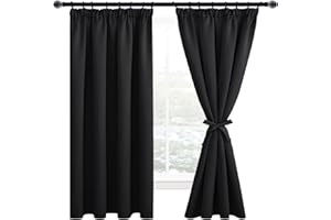 JuFang Vorhänge gardinen mit kräuselband verdunklungsvorhänge thermovorhang kälteschutz gardinen Wohnzimmer vorhänge Schlafzimmer Vorhang Schwarz 2er Set 175x140 cm(HöhexBreite)