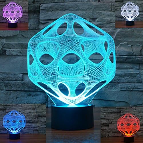Tama Caumi Hollow Polyhedron Abstract 3D Night Light 3D Home Decor Party Home Decoration Toys Lamp 7 Color Change Best Gift Night Light LED Furnish Desk Table Lighting