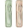 Travel Utensil Set with Case, 2 Sets Plastic Cutlery Sets, Reusable Spoon Chopstick Forks Tableware, Portable Cutlery Travel Picnic Camping or Daily Use (Beige & Green)