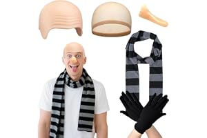 XDGBGFN 4 stycken halloween G-ru kostym vuxenset, randig halsduk Bald Cap hårnät, falska långa näsa handskar outfit kit för c