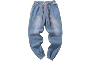 GENERISCH Pantalones vaqueros para hombre, cintura larga, elásticos, puños de nueve puntos, pantalones vaqueros de moda con cordón y bolsillos, vaqueros monocromáticos para hombre, para el tiempo libre