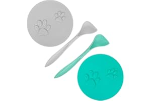 SLSON 2 tapas para latas de comida para animales con 2 cucharas y bonito diseño de huellas de gato para comida de perros y gatos. Se adapta a casi todas las latas de comida