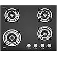 KAFF HBR 604 Built-in Hob/Hobtop 4 Burners, Auto Electric Ignition Glass Top, 60 CM, Powerful Brass Burners, 8 MM Thick Toughened Glass, Enamelled Matt Grills (Black)