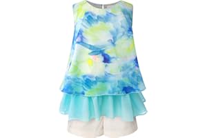 BONNY BILLY Ensemble Été Fille 2 Pièces Haut Mousseline Imprimé Fleurs sans Manches + Short Blanc