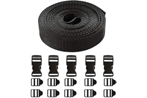 Zythrem 5M Nylon Webbing Strap 20mm Webbing Straps for Bags 5 Plastic Buckle Clips and 10 Tri-Glide Slides Backpack Chest Strap for DIY Craft Repairing Backpack Making Luggage Strap Pet Collar