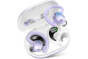 RULEFISS Wireless Earbuds, Wireless Headphones with HD Mic, Stereo Noise Canceling Earbud, 48H Bluetooth 5.3 Headphones Dual LED Display, IP7 Waterproof, Sports Wireless Earphones with EarHooks, Light Purple