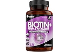 NEW LEAF PRODUCTS Biotin Hair Growth Vitamins 12,000mcg 365 D-Biotin Tablets Enriched with Zinc & Selenium – Vegan Hair Skin & Nails Vitamins for Women and Men High Strength Hair Vitamins - UK Made by New Leaf