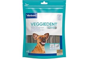 Virbac VeggieDent 15 Tiras XS < 5 kg | 120 g | Tiras masticables para Perros pequeños de hasta 5 kg | Bocadillo Vegetariano para el Control de la Placa Dental y la Placa | Una Tira para Masticar por