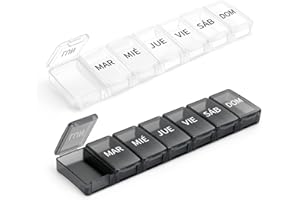 Opret Pastillero Semanal 1 Toma Español (2 Piezas), Pastillero Diario con 7 Compartimentos Grandes, Organizador Pastillas y Dispensador Comprimidos para Viaje