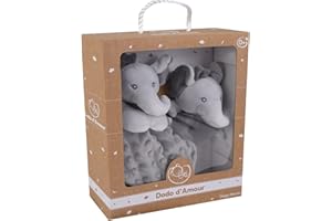 DODO D'AMOUR - Coffret Doudou Carré et Hochet - Éléphant - 012191 - Gris - Alvéolé - Naissance - Peluche - Bébé - 29 cm x 22 cm - À Partir de 0 mois