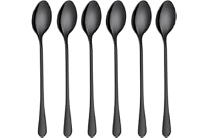 SUSNUAN 6PCS Latte Spoons Long Handle 19.5cm Black Teaspoons for Iced Coffee/Tea, Stainless Steel Coffee Spoons for Hot/Cool Drinking, Cake & Dessert & Ice Cream Spoons