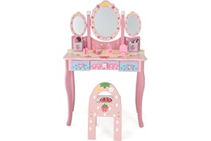 RELAX4LIFE Toeletta da Trucco con Sedia per Bambini, Specchio a 3 Lati Rimovibile, 3 Cassetti con Manopole a Fiore e 2 Organizer, Tavolo e Sedia per Cameretta con Dettagli di Fragole e Fiori (Rosa)