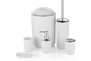 Keraiz 6 Pieces | Bathroom Accessories Set | Plastic Bathroom Accessories | Toothbrush Holder, Rinse Cup, Soap Dish, Hand Sanitizer Bottle, Waste Bin, Toilet Brush with Holder | White - M17
