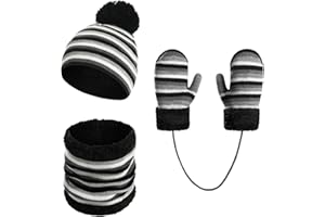 ENWOKRAN Enfant Bonnet Écharpe et Gants Ensemble Bonnets Tricotés avec Pompon Écharpe d'hiver Chaude Gants écharpe Bonnet Tricot Doublure Épaisse pour Fille Garçon 2-6Ans